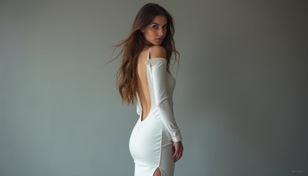 A captivating woman with long, flowing hair poses gracefully in a sleek white dress that features a daring back cutout. The image exudes sophistication and allure, highlighting her confident stance and the dresss elegant design against a soft, muted background.の素材
