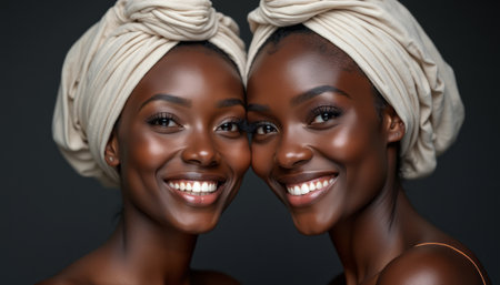 Two beautiful Black women with radiant smiles and elegant beige headwraps stand close together, exuding warmth and happiness. Their glowing skin and joyful expressions create a captivating atmosphere of sisterhood and love.の素材