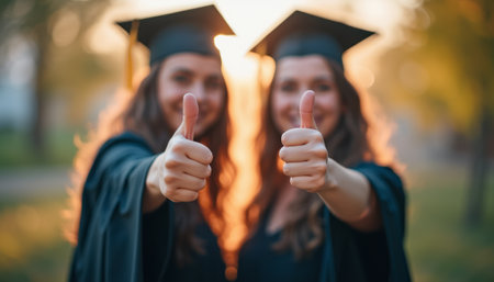 Two joyful female graduates, wearing caps and gowns, proudly display thumbs up against a glowing sunset backdrop. Their expressions radiate happiness and accomplishment, capturing the essence of success and friendship in this memorable moment.の素材