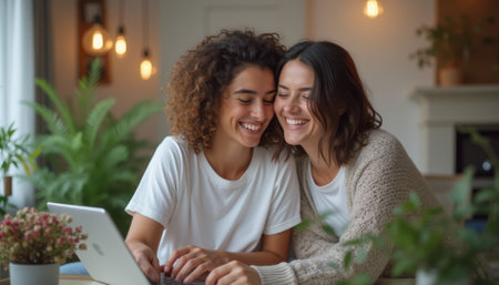 Two women, one with curly hair and the other with straight hair, share a joyful moment while working together on a laptop in a cozy, plant-filled room. Their laughter and closeness radiate warmth and friendship, creating an inviting atmosphere of collaboration and happiness.の素材