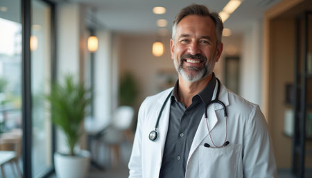 A middle-aged man with a salt-and-pepper beard, wearing a white lab coat and stethoscope, smiles warmly in a contemporary clinic setting. The bright, airy environment, adorned with greenery, reflects a sense of professionalism and care, inviting trust and comfort.の素材