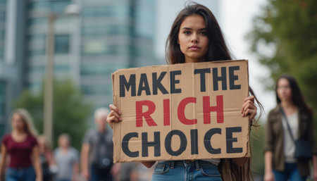 A determined young woman stands confidently in a bustling urban environment, holding a bold sign that reads MAKE THE RICH CHOICE. Her expression reflects passion and commitment, as she participates in a movement advocating for social change and economic justice.の素材