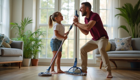A cheerful father and his young daughter are playfully cleaning their home, sharing smiles and laughter. The warm atmosphere is enhanced by the bright sunlight streaming through large windows, creating a sense of togetherness and joy in their shared activity.の素材
