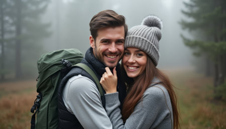 A joyful couple stands close together in a serene, foggy forest, radiating warmth and love. Their cozy attire and bright smiles create an inviting atmosphere, perfect for capturing the essence of adventure and romance in nature.の素材