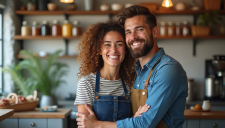 A joyful couple stands together in a warm, inviting kitchen, radiating love and happiness. Their smiles light up the room, showcasing a beautiful bond as they enjoy a moment of togetherness amidst a backdrop of homey decor and vibrant plants.の素材