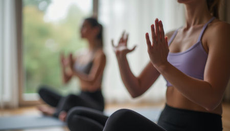 Two women, one in the foreground and one in the background, are engaged in a peaceful yoga session, seated in a meditative pose. The soft natural light filtering through sheer curtains enhances the tranquil atmosphere, inviting a sense of calm and mindfulness.の素材