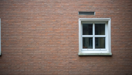 A single white-framed window is set against a textured brick wall, showcasing a blend of modern simplicity and classic architecture. The image captures the essence of urban living, highlighting the contrast between the warm tones of the bricks and the crisp lines of the window.の素材
