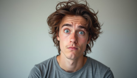 A young man with tousled brown hair and striking blue eyes gazes directly at the camera, his expression a mix of surprise and curiosity. The soft, neutral background enhances his expressive features, creating an intimate and engaging portrait that captures a moment of genuine emotion.の素材