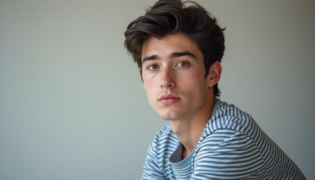 A young man with tousled dark hair and a contemplative expression gazes thoughtfully into the distance, dressed in a casual striped shirt. The soft, neutral background enhances the serene atmosphere, inviting viewers to connect with his introspective mood.の素材