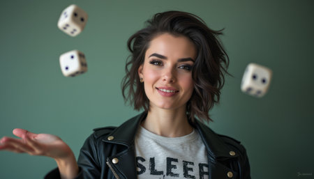 A stylish young woman with tousled hair is tossing dice in the air, exuding a playful and carefree vibe. Her leather jacket and casual t-shirt add to her trendy look, while the soft green background enhances the lively atmosphere of spontaneity and fun.の素材