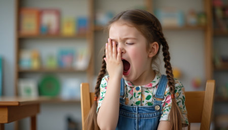 A young girl with braided hair sits at a wooden table, yawning widely in a bright, cheerful classroom filled with colorful books. Her adorable expression captures the innocence of childhood, evoking a sense of warmth and playfulness in a nurturing learning environment.の素材