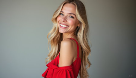 A stunning young woman with long, flowing blonde hair beams joyfully in a vibrant red off-shoulder top. Her infectious smile and sparkling eyes create an atmosphere of warmth and happiness, inviting viewers to share in her joy.の素材