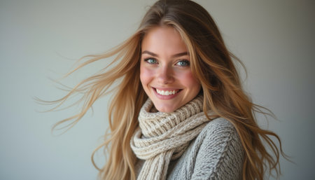 A cheerful young woman with long, flowing hair smiles brightly, wrapped in a soft, knitted scarf. Her joyful expression and the gentle movement of her hair evoke a sense of warmth and happiness, perfect for winter vibes.の素材
