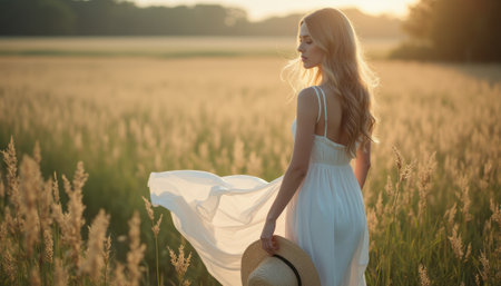 A serene young woman in a flowing white dress stands in a sunlit field, holding a straw hat. The golden light bathes the scene, creating a dreamy atmosphere that evokes feelings of freedom and tranquility.の素材