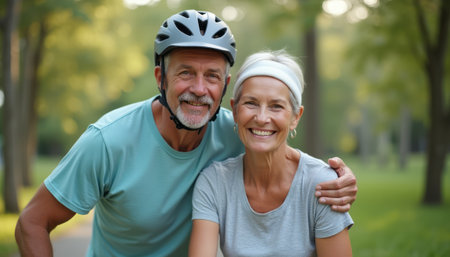 A cheerful elderly couple, both smiling brightly, pose together in a lush green park, radiating happiness and vitality. The man, wearing a helmet, and the woman, with a headband, embody the spirit of active aging, showcasing their love for outdoor activities and each other.の素材