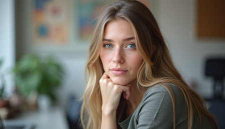 A beautiful young woman with long, flowing hair rests her chin on her hand, lost in thought. Her serene expression and captivating blue eyes reflect a moment of introspection, set against a softly blurred background that enhances the peaceful atmosphere.の素材