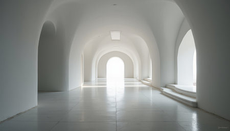 A tranquil corridor featuring smooth white walls and elegant arches leads to a bright, inviting light at the end. The minimalist design and soft lighting create a peaceful atmosphere, perfect for evoking feelings of calm and contemplation.の素材