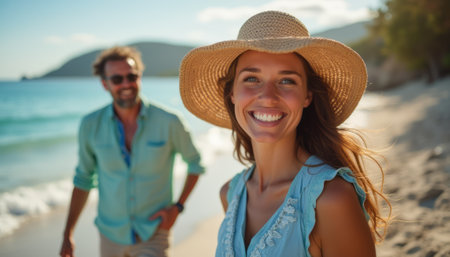A cheerful woman in a straw hat smiles brightly at the camera, while a man walks playfully in the background. The scene captures the essence of a perfect beach day, radiating warmth, happiness, and the joy of togetherness.の素材