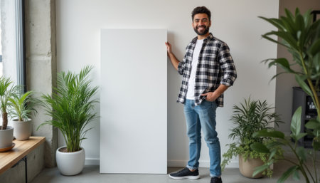 A cheerful man stands beside a blank canvas, showcasing his creativity in a modern, plant-filled room. The vibrant greenery and minimalist decor create an inviting atmosphere, perfect for artistic expression and inspiration.の素材