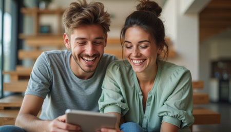 A happy young couple, a man and a woman, are sitting closely together, engrossed in a tablet. Their genuine smiles and laughter create a warm atmosphere, highlighting their connection and shared joy in the moment.の素材