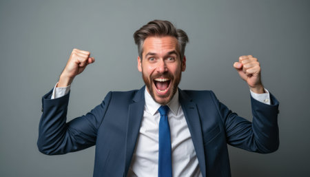 A joyful man in a sharp suit exclaims with excitement, raising his fists in triumph against a muted gray backdrop. His exuberant expression radiates positivity and achievement, capturing the essence of professional success and celebration.の素材