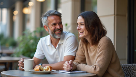 A happy man and woman sit together at a cozy cafÃ© table, enjoying each others company over coffee and pastries. Their warm smiles and laughter create an inviting atmosphere, highlighting the joy of connection and shared experiences.の素材