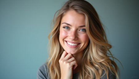 A beautiful young woman with long, flowing blonde hair smiles brightly, resting her chin on her hand against a soft blue background. Her joyful expression radiates positivity and warmth, inviting viewers to share in her happiness.の素材