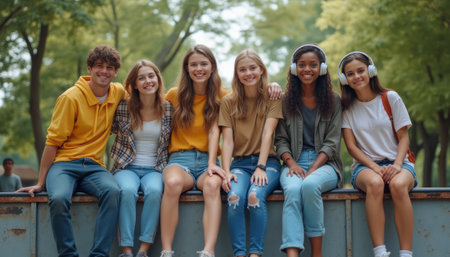 A vibrant group of six young adults, three men and three women, sit closely together on a park bench, radiating happiness and friendship. Their casual outfits and warm smiles reflect a carefree summer vibe, capturing the essence of youth and camaraderie in a lush green setting.の素材