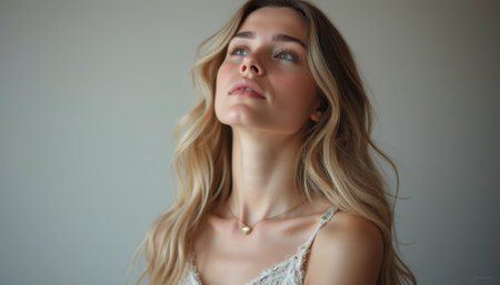 A beautiful young woman with long, wavy hair gazes thoughtfully upward, exuding a sense of calm and introspection. Her delicate features and gentle expression create an atmosphere of tranquility and grace, enhanced by the soft, neutral background.の素材