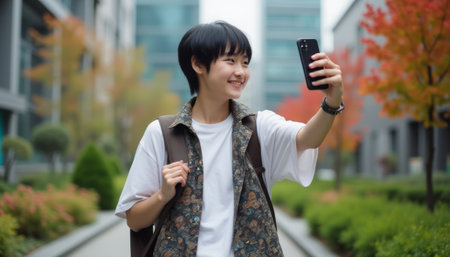 A joyful young woman with short black hair smiles brightly as she takes a selfie in a picturesque cityscape adorned with colorful autumn foliage. The scene captures her youthful energy and the beauty of the surrounding greenery, creating a lively atmosphere of happiness and connection.の素材