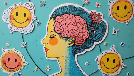 This vibrant artwork features a profile of a woman with a pink brain, surrounded by cheerful suns and whimsical stars. The image radiates positivity and creativity, blending elements of surrealism and pop art to evoke a sense of joy and inspiration.の素材