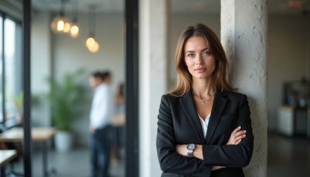A poised businesswoman stands confidently against a textured wall in a contemporary office space, exuding professionalism and determination. Her elegant attire and subtle smile reflect her ambition, while the blurred figures in the background suggest a dynamic work environment.の素材