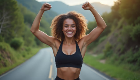 A confident woman with curly hair flexes her biceps in a joyful pose on a picturesque road surrounded by lush green mountains. Her radiant smile and athletic attire embody strength and positivity, inspiring others to embrace their fitness journey.の素材