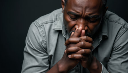 A middle-aged Black man is captured in a moment of deep contemplation, his hands clasped together in front of his face. The image conveys a powerful sense of introspection and emotional depth, highlighting the weight of his thoughts against a dark, moody background.の素材