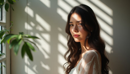 A beautiful woman with long, wavy hair gazes thoughtfully out of a sunlit window, shadows dancing across her face. The interplay of light and shadow creates a serene atmosphere, highlighting her delicate features and the lush greenery nearby.の素材