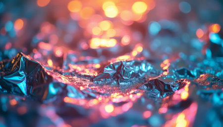 A close-up view of crumpled metallic foil glistening under colorful lighting, creating a mesmerizing abstract scene. The interplay of blue and orange hues evokes a sense of depth and intrigue, inviting viewers to explore the beauty of texture and light.の素材