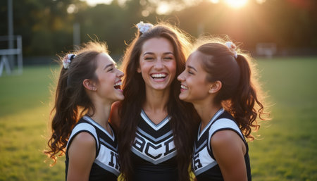 Three joyful cheerleaders, dressed in matching uniforms, share a moment of laughter on a sunlit field. Their radiant smiles and playful camaraderie capture the essence of friendship and team spirit, illuminated by the warm glow of the setting sun.の素材