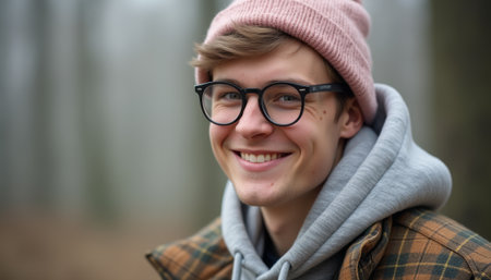 A cheerful young man with glasses and a pink beanie smiles warmly in a misty forest. His casual attire and friendly expression evoke a sense of joy and connection with nature.の素材