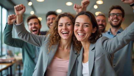 A diverse group of six professionals, two women and four men, are joyfully celebrating in a modern office setting. Their beaming smiles and raised fists convey a powerful sense of achievement and camaraderie, highlighting the spirit of teamwork and success.の素材