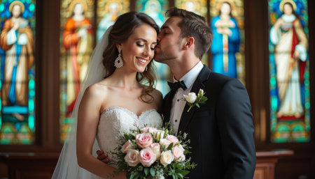 A beautiful bride in a strapless gown smiles radiantly as her groom kisses her cheek, surrounded by vibrant stained glass windows. This enchanting moment captures the essence of love and celebration, highlighting the couples joy on their special day.の素材