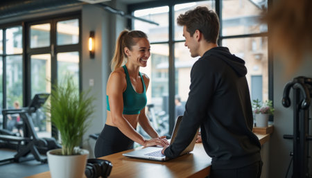 A fit woman in a teal sports bra smiles at a man in a black hoodie as they engage over a laptop at a modern gym. Their friendly exchange radiates positivity and motivation, highlighting the supportive atmosphere of fitness and wellness.の素材