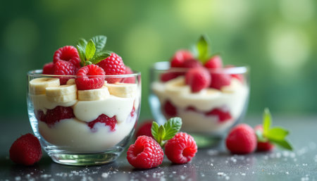 Two elegant glass parfaits filled with layers of creamy yogurt, fresh raspberries, and banana slices, garnished with mint leaves. This vibrant dessert captures the essence of freshness and indulgence, perfect for a healthy treat or special occasion.の素材