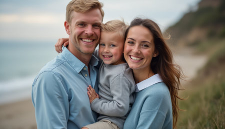 A happy family stands together on a serene beach, with a smiling father, mother, and their young son. The warm embrace and radiant smiles capture the essence of love and togetherness against a picturesque coastal backdrop.の素材
