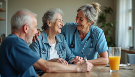An elderly couple shares a warm moment with a smiling female caregiver in scrubs, creating a heartwarming scene of care and companionship. The atmosphere is filled with laughter and connection, highlighted by the bright orange juice on the table, symbolizing vitality and joy in their interactions.の素材
