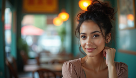 A beautiful woman with curly hair smiles warmly while resting her chin on her hand in a charming cafÃ© setting. The inviting atmosphere, highlighted by soft lighting and vibrant colors, enhances her radiant expression, making the scene feel intimate and welcoming.の素材