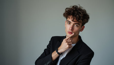 A fashionable young man with curly hair is striking a contemplative pose, dressed in a sleek black blazer over a white shirt. His expression exudes confidence and charm, making this image perfect for showcasing modern style and self-assuredness.の素材