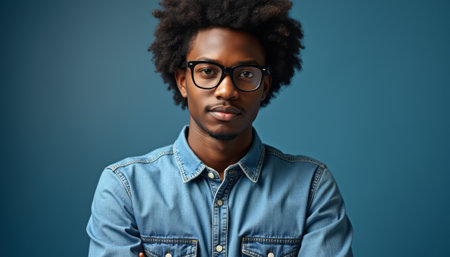 A stylish young Black man with an impressive afro hairstyle stands confidently, arms crossed, against a vibrant blue backdrop. His glasses add a touch of sophistication, highlighting his thoughtful expression and modern style.の素材
