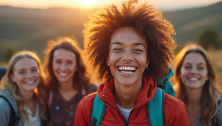 A vibrant group of four women, all smiling brightly, stand together against a stunning sunset backdrop. Their joyful expressions and colorful attire reflect the spirit of adventure and camaraderie in nature.の素材
