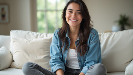 A joyful young woman with long dark hair sits comfortably on a plush sofa, radiating warmth and happiness. Her casual denim shirt and relaxed pose create an inviting atmosphere, perfect for capturing moments of joy and comfort.の素材