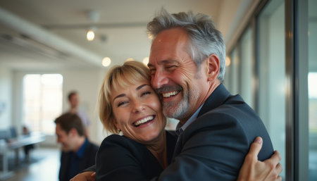 A cheerful man and woman share a warm embrace, radiating happiness in a bright, contemporary office. Their genuine smiles and close connection highlight the joy of friendship and professional camaraderie in a vibrant work environment.の素材